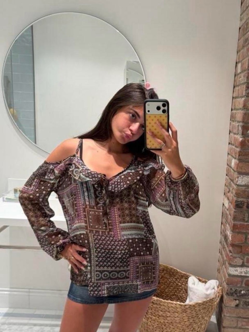 Umgee off the Shoulder Patchwork blouse top in Brown & Pink